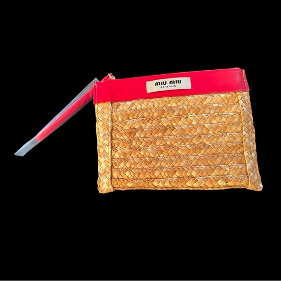 Like new Miu Miu Parfums straw pouch with red faux leather trim & wristlet strap